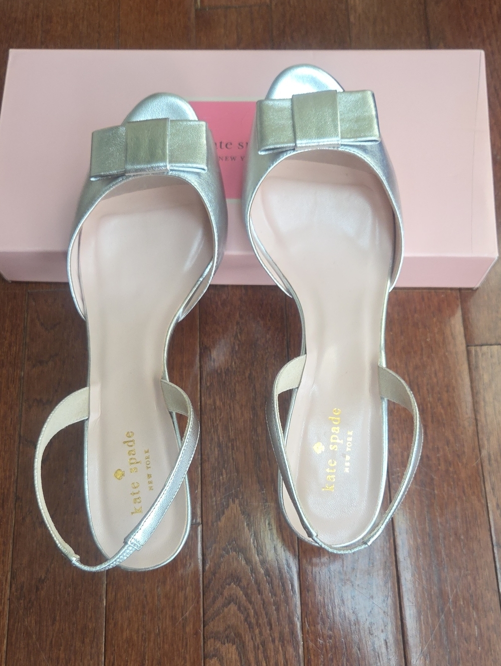 kate spade Silver Metallic Open-Toe Bow Slingback Flats